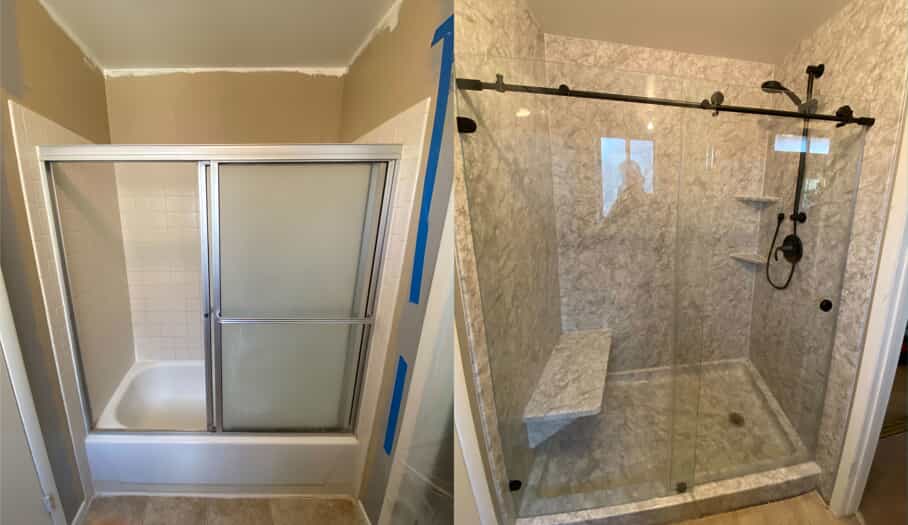 Before and after image of tub to shower conversion